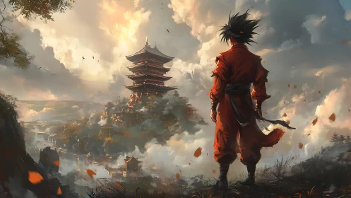 Warrior silhouette overlooking misty pagoda skyline at dusk.