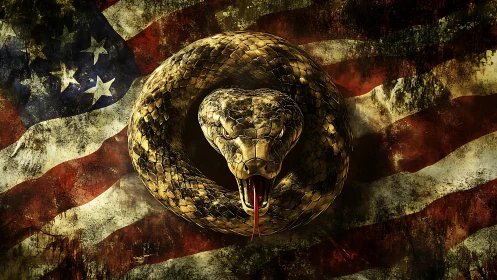 Coiled serpent roars over weathered American flag backdrop.