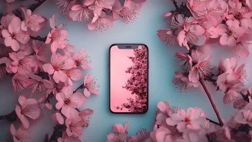 Smartphone Centered in Blossoming Pink Floral Canopy with Gradient Sky