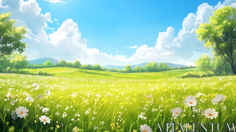 Wide meadow landscape shows daisies, trees and distant hills