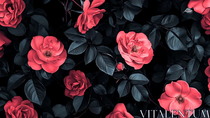 Red Roses Against Black Foliage.