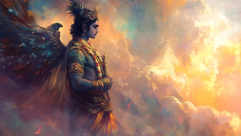 Sunlit sky guardian crowned in gold and iridescent feathers.