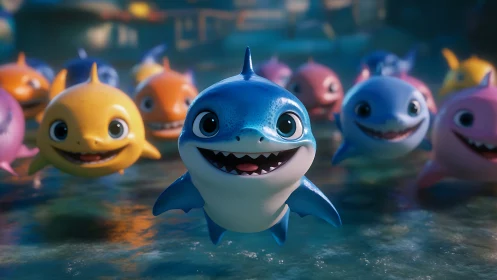 Colorful stylized baby sharks in shallow water, frontal view