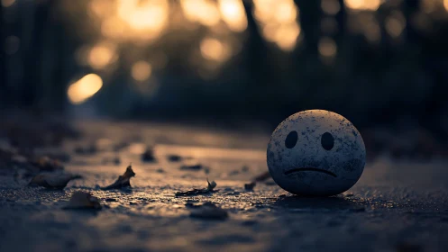 Sad face ball rests on wet street under moody sunset glow.