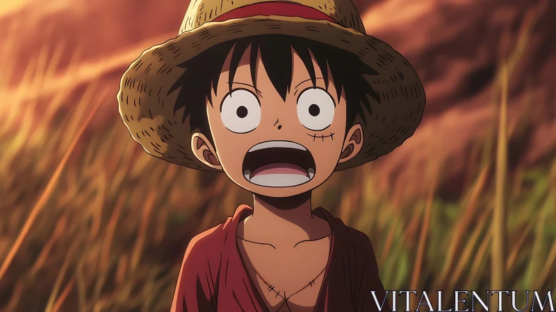 Straw hat anime boy in outdoor grass setting at sunset.