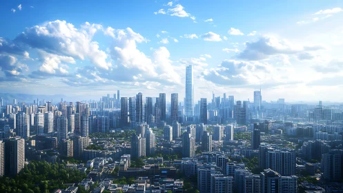 Dense modern city skyline under clear blue daytime sky.