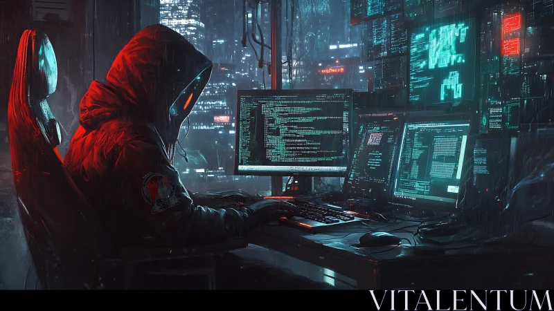 Hooded code alchemist reprograms the neon-soaked midnight grid