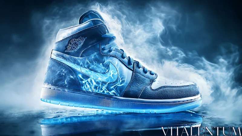 Electrified blue sneaker glowing in swirling cool mist.