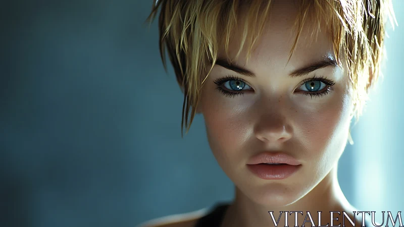 Close frontal portrait shows blue-eyed subject in sharp focus