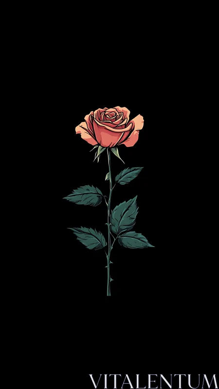Single coral rose stem on deep black minimalist ground.