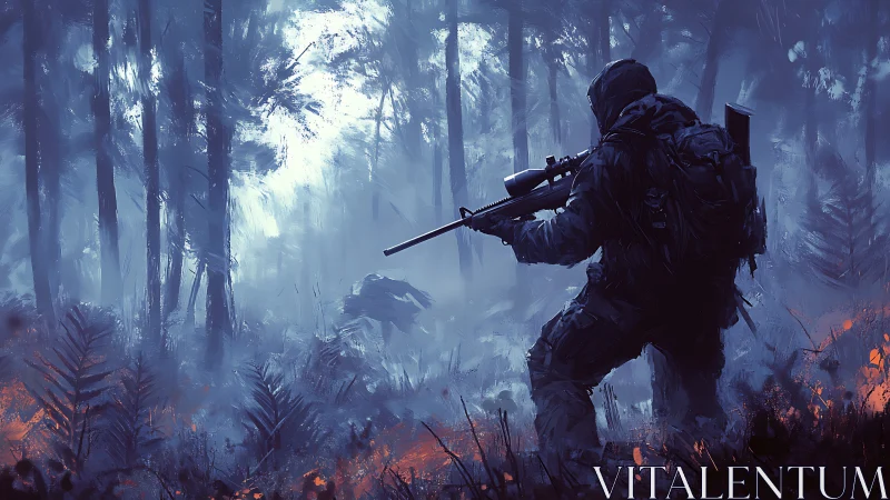 Lone sniper stalks misty forest under cold blue light