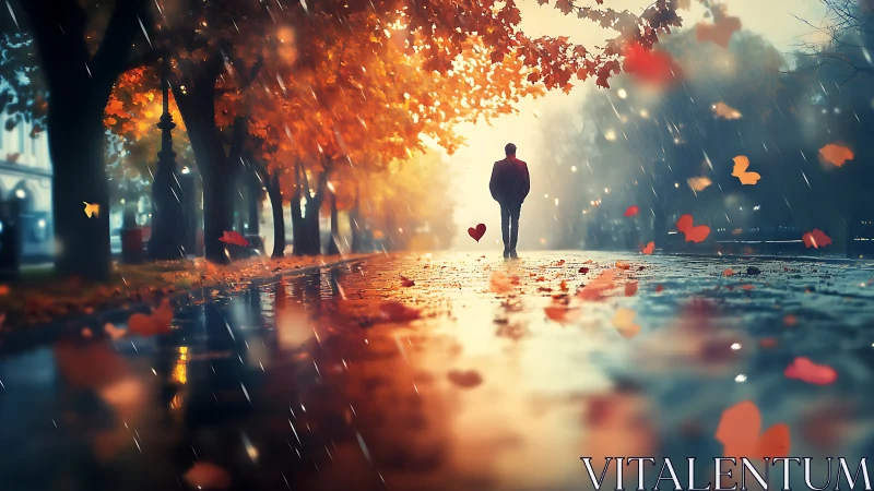 Backlit autumn rain promenade with bokeh hearts and reflective puddles
