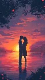 Silhouetted Couple Embracing at Sunset Over Water with Luminous Particulate Effects