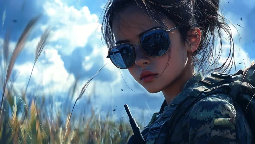 Young soldier wearing sunglasses stands in grassy field
