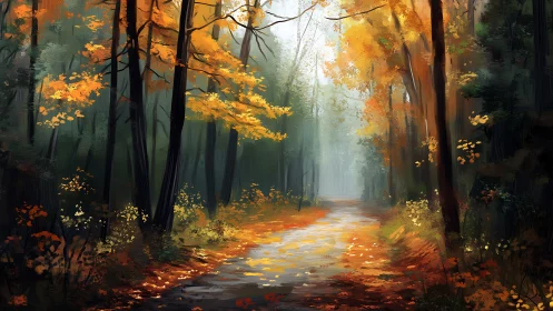 Luminous Autumn Forest Path with Golden Canopy Filtering Misty Light