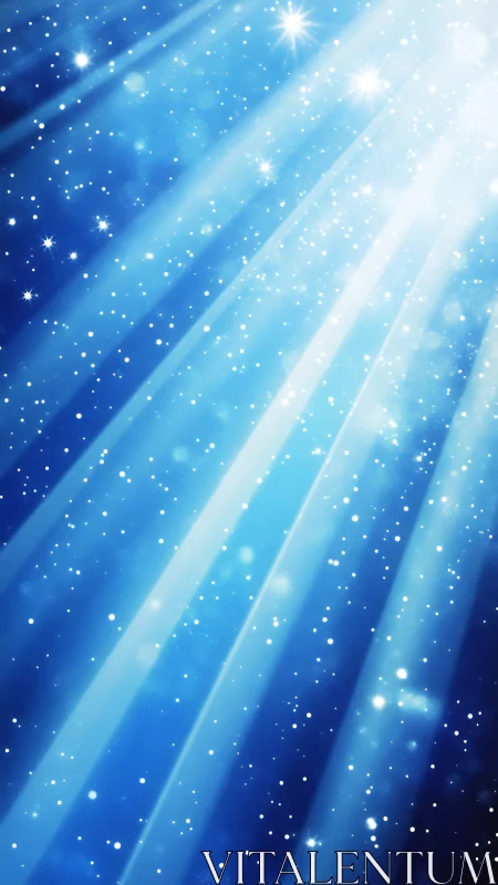 Radiant blue light shafts with starfield particle overlay design.