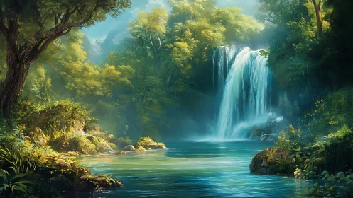 Lush tropical waterfall landscape in luminous teal light.