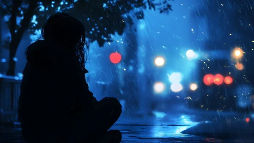 Silhouetted child watches rainy city lights blur into blue