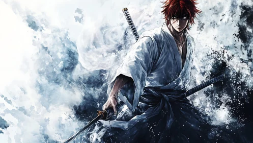 Fierce red haired swordsman rising from swirling water storm.