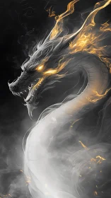 Serpentine fire dragon emerging from swirling smoke clouds.