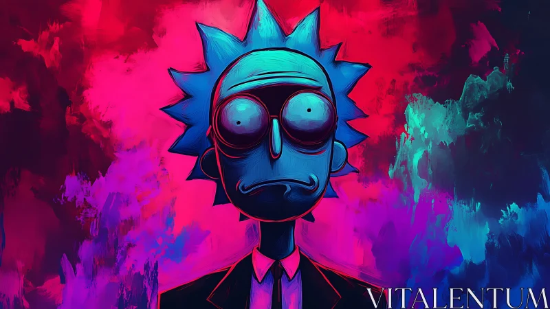 Colorful cartoon scientist in a dreamy neon swirl portrait.