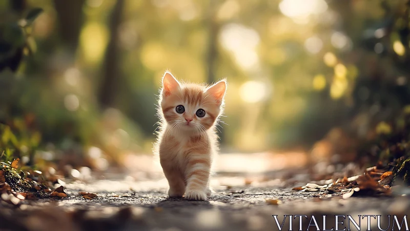 Whisker-Soft Wanderer: Kitten's Sunlit Woodland Discovery.