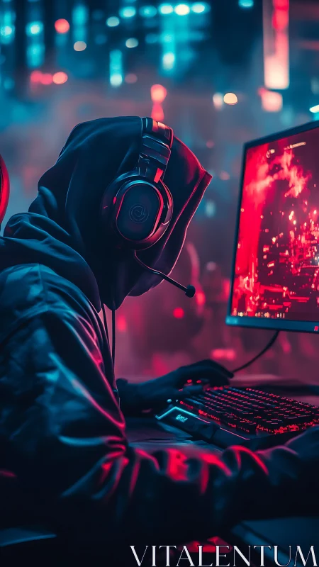Neon night gamer locked into a glowing cyber cityscape.
