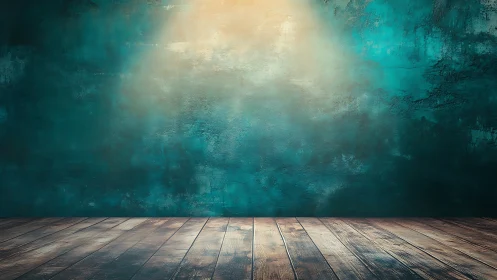 Weathered teal studio wall with lit wooden floorboards.