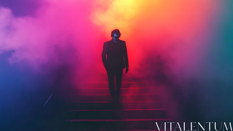 Silhouetted figure descends neon stairs through radiant fog