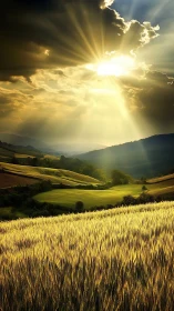 Golden fields glow warmly beneath radiant evening sunlight