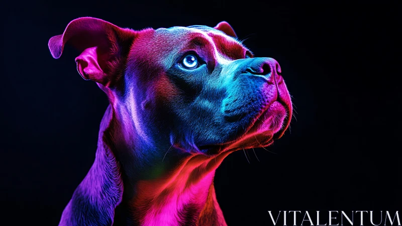 Neon-lit canine portrait in vivid magenta and cyan glow.