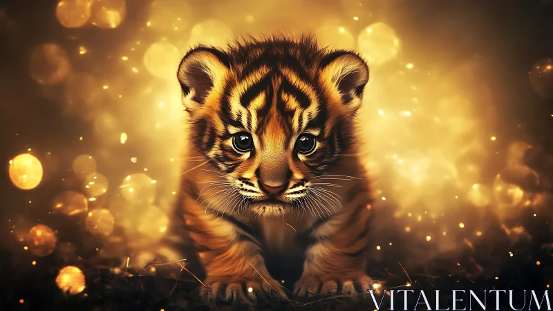 Glowing tiger cub portrait amid golden bokeh haze.