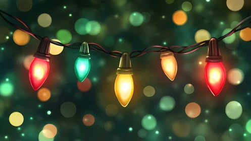 Colorful string lights with soft festive bokeh backdrop.