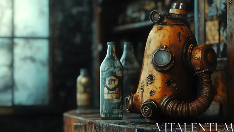 Rusty diver helm and potion bottles in moody steampunk bar.