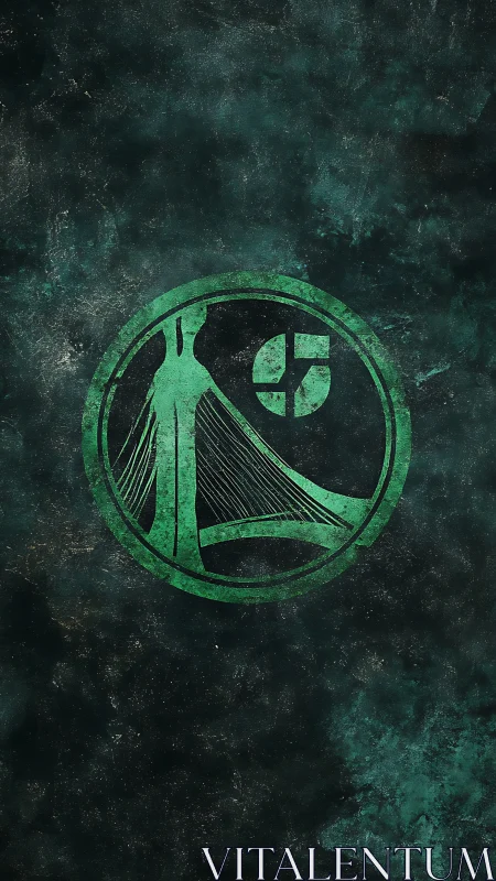 Minimalist green suspension bridge emblem on grunge field.