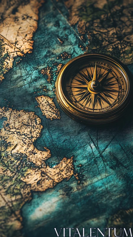 Vintage brass compass on worn nautical world map surface.