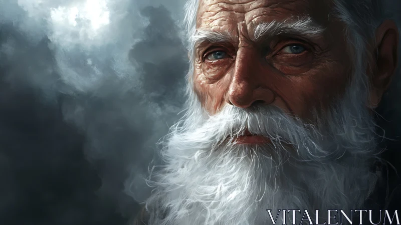 Weathered old sailor gazes into stormy skies in silence