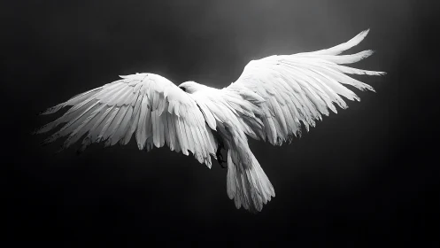 Majestic White Bird in Flight on Dark Background, Dramatic Lighting.