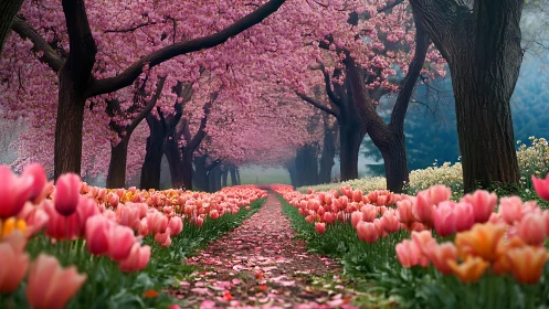 Cherry Blossom Tunnel with Tulip Garden Pathway.