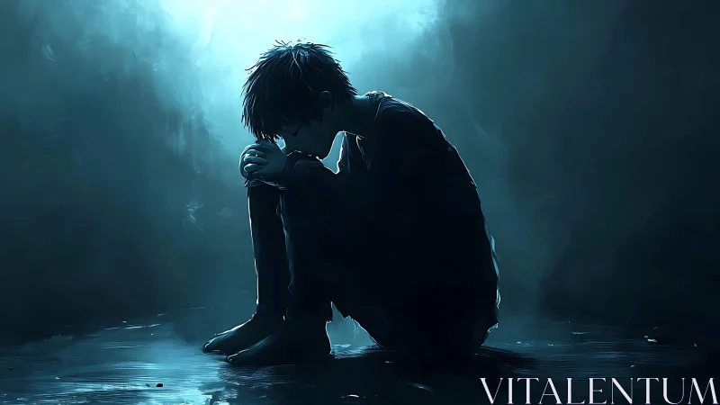 Silhouetted boy sits curled on wet ground under cool light