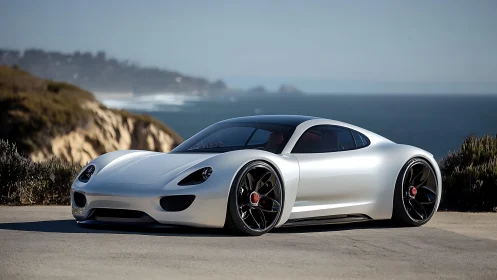 Futuristic silver sports coupé on coastal cliff road.