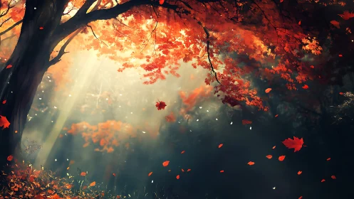 Autumn forest canopy glows through drifting scarlet leaves.