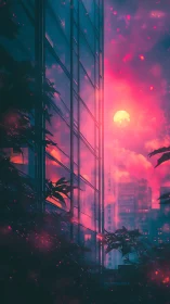 Urban glass facade with moonlit sky in magenta haze.