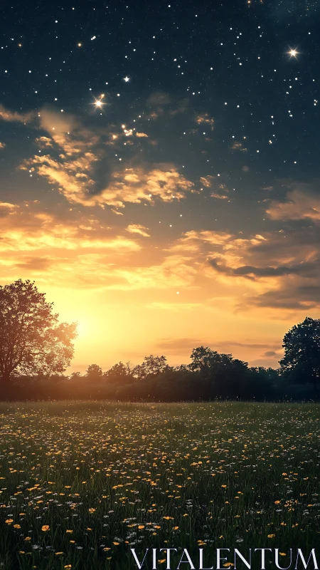 Starlit meadow sunset under glowing clouds and horizon line.