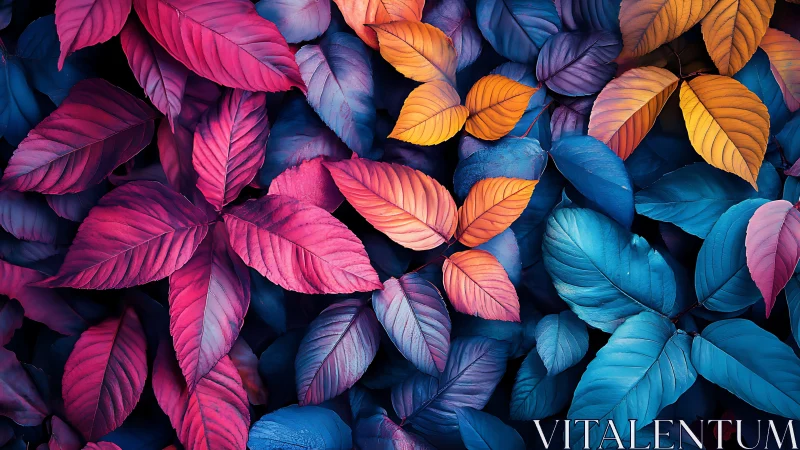 Chromatic foliage tapestry in neon magenta, blue and gold.