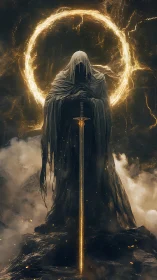 Mysterious hooded guardian resting within a golden halo.