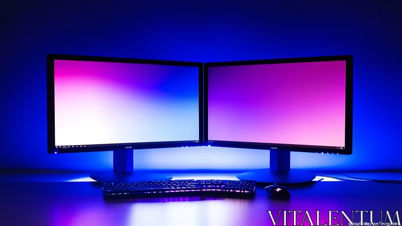 Dual desktop monitors display gradient backgrounds symmetrically