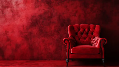 Red upholstered armchair stands before textured red wall