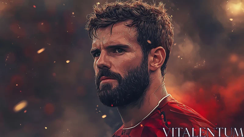 Digital painting portrait of intense bearded football player.