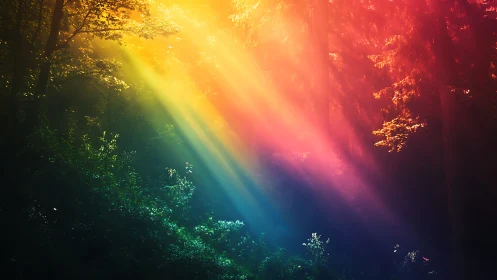 Vivid rainbow sunlight streaming through a magical forest scene.